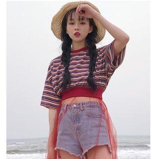 Sheer Panel Short-sleeve T-shirt Red - One Size
