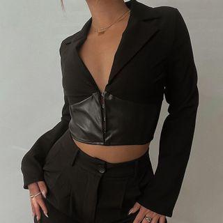 Plain Long Sleeve Zipped Cropped Blouse
