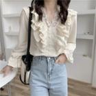 V-neck Puff-sleeve Lace Shirt