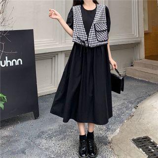 Set: Short-sleeve Plain Midi A-line Dress + Plaid Vest
