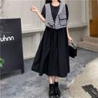 Set: Short-sleeve Plain Midi A-line Dress + Plaid Vest