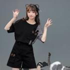 Elbow-sleeve Two-tone T-shirt / Wide-leg Shorts