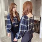 Plaid Shirred Cropped Blouse