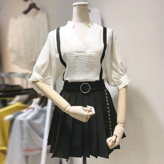 Set: Elbow-sleeve Blouse + Pleated Skirt