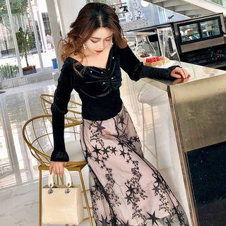 Velvet Long-sleeve Panel Midi Dress