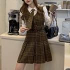 Set: Long-sleeve Shirt + Sleeveless Plaid Mini A-line Dress + Tie