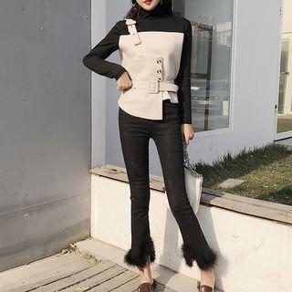 Long-sleeve Mock Two-piece Top With Belt As Shown In Figure - One Size