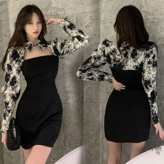 Mock Two-piece Long-sleeve Print Mini Sheath Dress