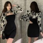 Mock Two-piece Long-sleeve Print Mini Sheath Dress