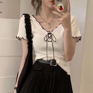 Short-sleeve V-neck Lace-up Knit Top