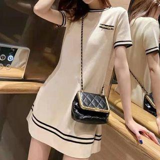 Short-sleeve Striped Trim Knit Mini Dress Beige - One Size