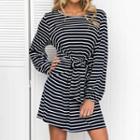 Long-sleeve Striped Sashed Mini A-line Dress