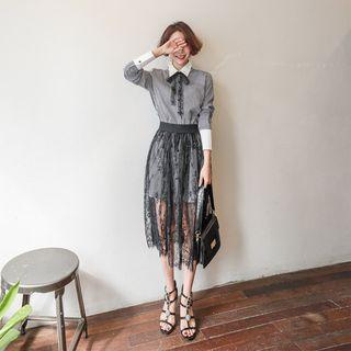 Set: Tie-front Shirtdress + Band-waist Laced Skirt