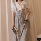 Set: Short-sleeve Sailor Collar Blouse + Check Midi A-line Suspender Skirt