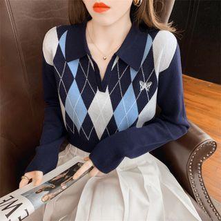 Open Collar Argyle Knit Top