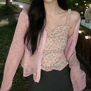 Lace Trim Cardigan / Flower Print Camisole Top
