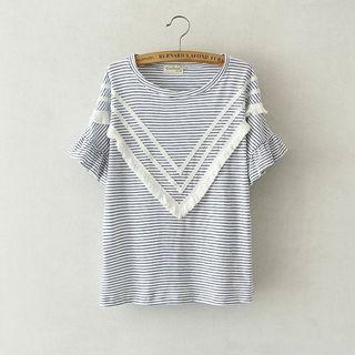 Fringe Trim Striped Short Sleeve T-shirt