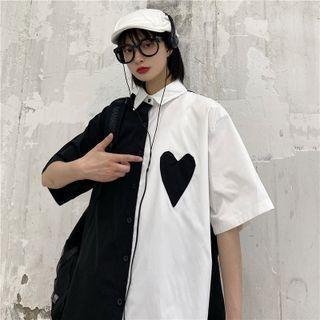 Elbow-sleeve Heart Two Tone Shirt