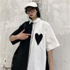 Elbow-sleeve Heart Two Tone Shirt