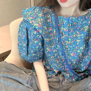 Floral Puff-sleeve Top Blue - One Size