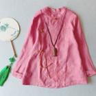 Long-sleeve Embroidered Frog-button Blouse