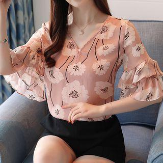 Flower Print Short-sleeve V-neck Chiffon Blouse