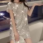 Short-sleeve Sequined Mini T-shirt Dress Dress - Silver - One Size