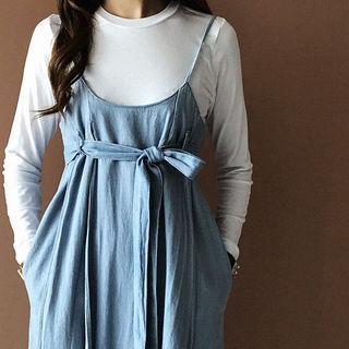 Spaghetti-strap Asymmetric-hem Denim Dress With Sash