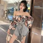 Long-sleeve Off-shoulder Printed Top / Wide-leg Denim Shorts