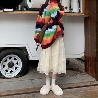 Striped Sweater / Midi A-line Mesh Skirt