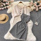 Set Of 2 : Round-neck Knit Puff-sleeve Top + Plaid Spaghetti-strap Dress