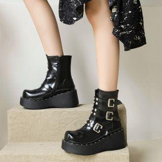 Platform Wedge Heel Buckled Short Boots