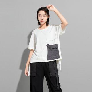 Two Tone Plaid Pocket Oversize Top