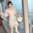 Bell-sleeve Floral Embroidered Mini Sheath Dress