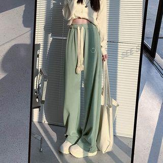 Smiley Face Embroidered Wide Leg Pants