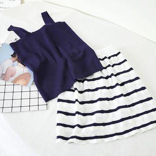 Set: Knit Camisole + Striped Skirt Blue - One Size