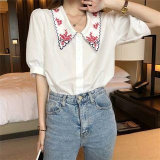 Embroidered Collared Puff-sleeve Blouse