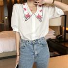 Embroidered Collared Puff-sleeve Blouse
