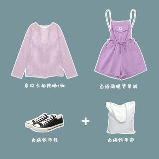 Long-sleeve Striped T-shirt / Drawstring Jumper Shorts