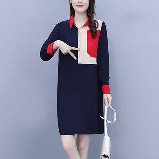 Long-sleeve Color Block Henley Mini Shirtdress