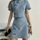 Short-sleeve Denim Qipao Top / Mini A-line Skirt