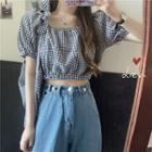 Bow-accent Off-shoulder Gingham Cropped Top
