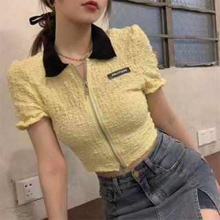 Short-sleeve Color-block Polo Collar Top