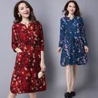 Long-sleeve Notched-neck Printed Dress