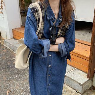 Denim Long-sleeve Midi Shirtdress As Shown In Figure - One Size