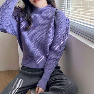 Semi High-neck Linen Flower Puff-sleeve Knit Sweater