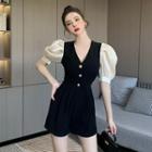 Puff-sleeve V-neck Two-tone Romper