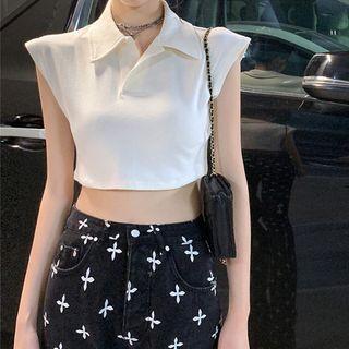 Cap-sleeve Collar Cropped T-shirt Off-white - One Size