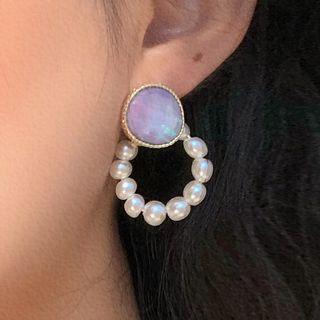 Faux Pearl Hoop Drop Earring 1 Pair - Gold & White - One Size
