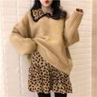Long-sleeve Leopard Print Mini Shirtdress / V-neck Sweater